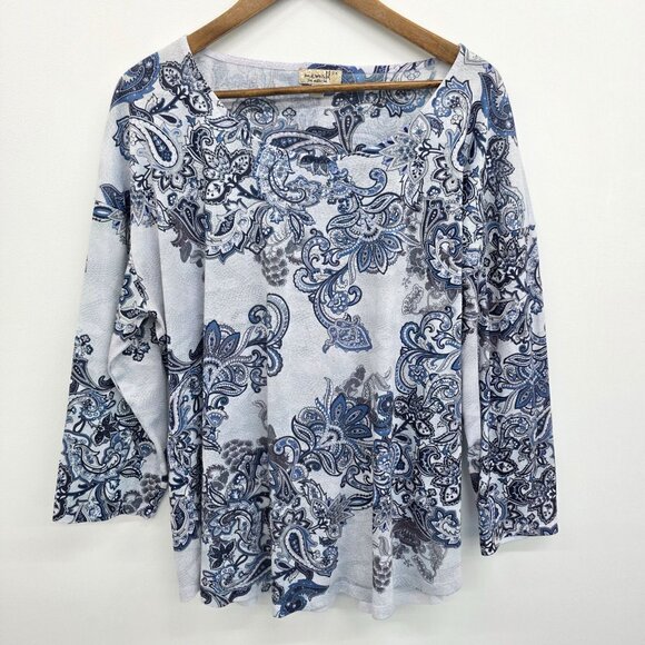 One World Tunic Womens 2X Blue/Gray Paisley Print Embellished Scoop Neck Boho - Picture 2 of 13